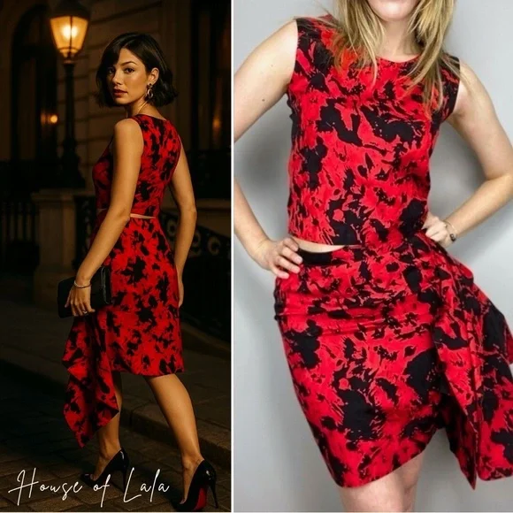 90s 2 piece skirt & tank top set red black pencil skirt matching boxy tank top - Picture 2 of 12